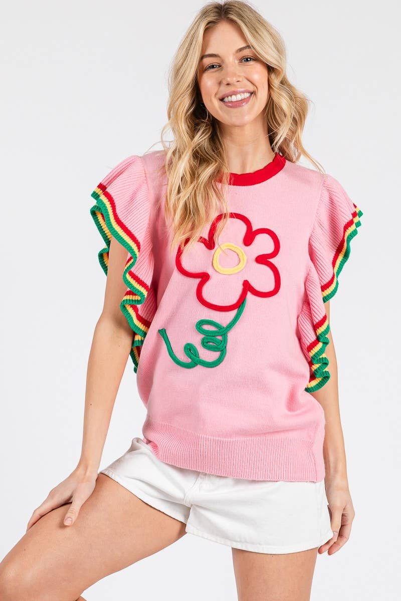 PINK FLORAL RUFFLE KNIT SWEATER TOP