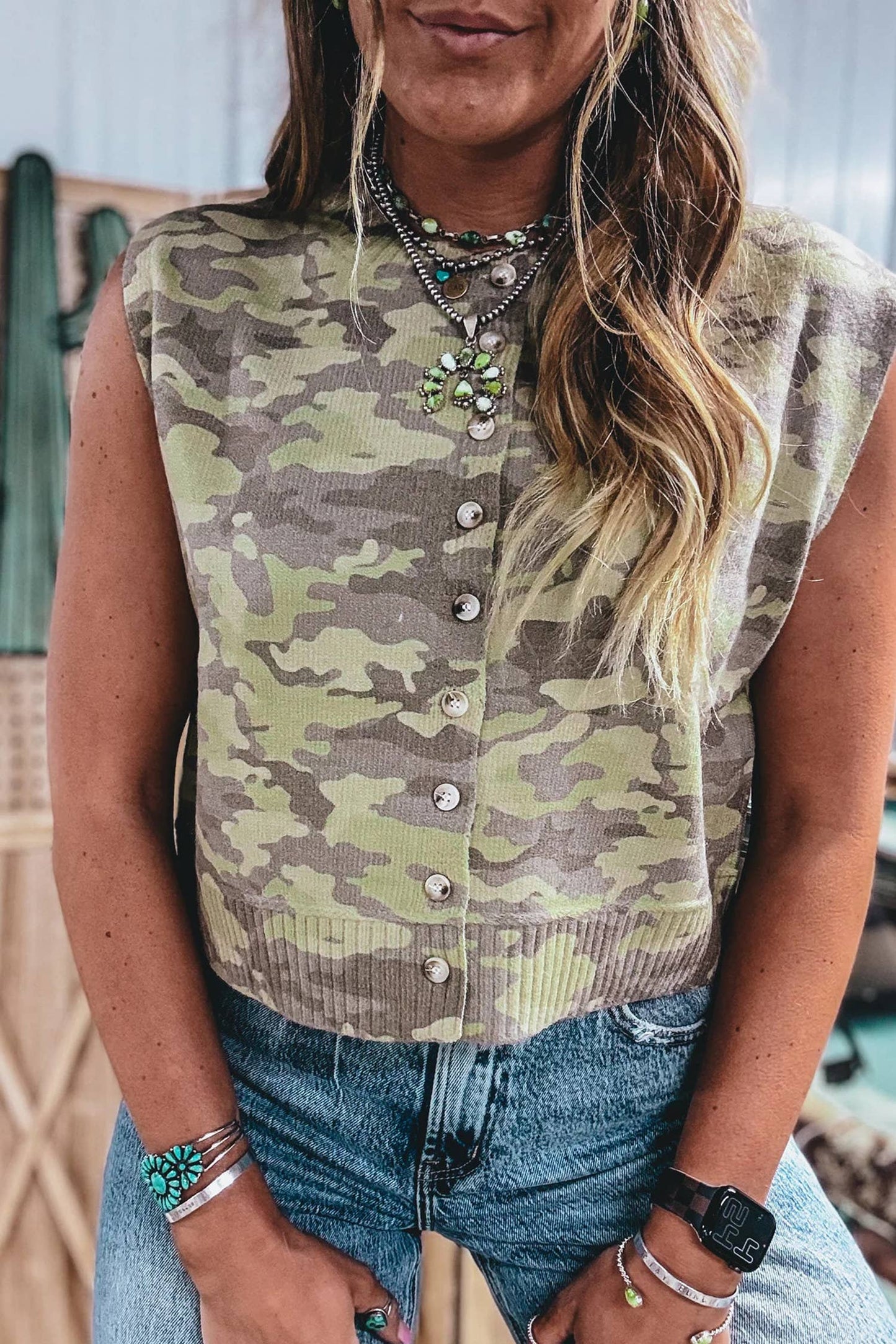 Camouflage Girlie Button sleeveless Top