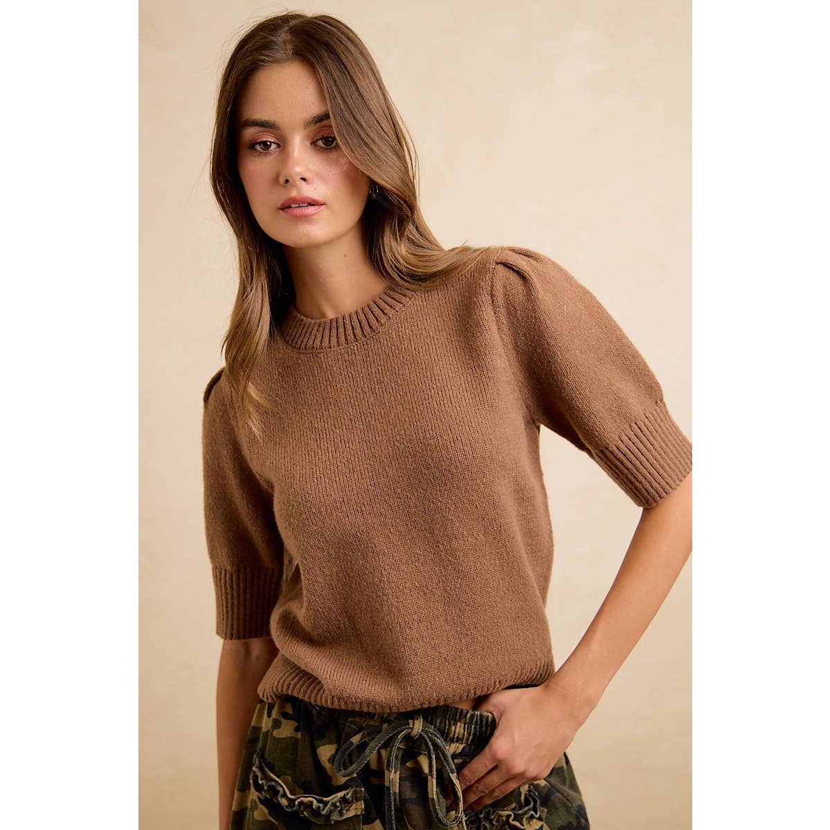 SOLID KNIT PUFF SHORT SLEEVES TOP