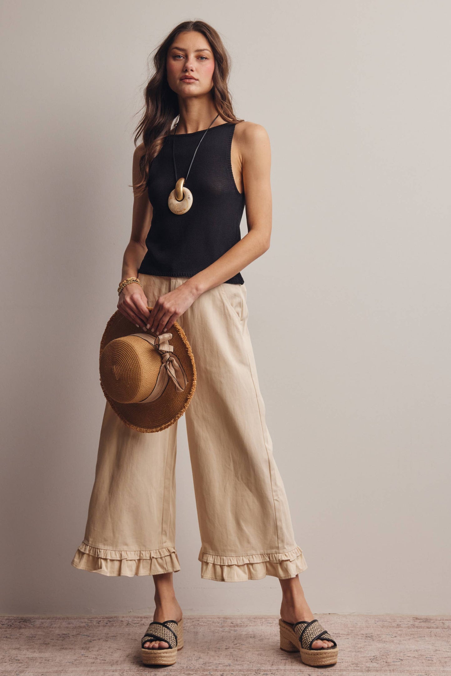 Ruffle Hem Wide-Leg Pants