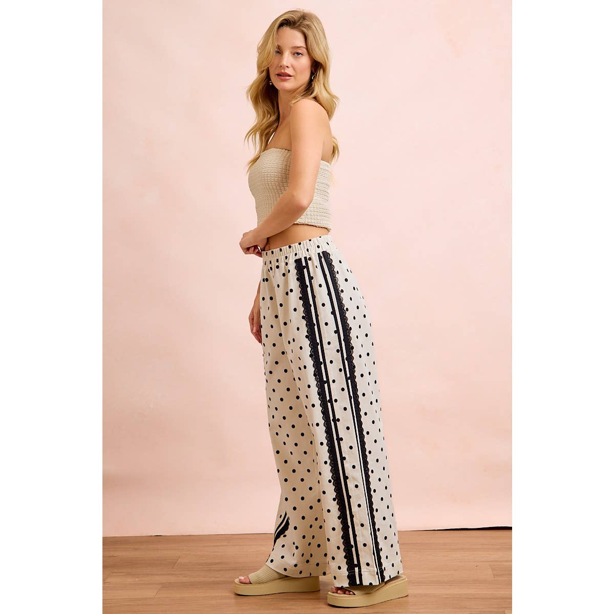 POLKA DOT PRINTED TWILL LACE TRIM DETAIL PANTS