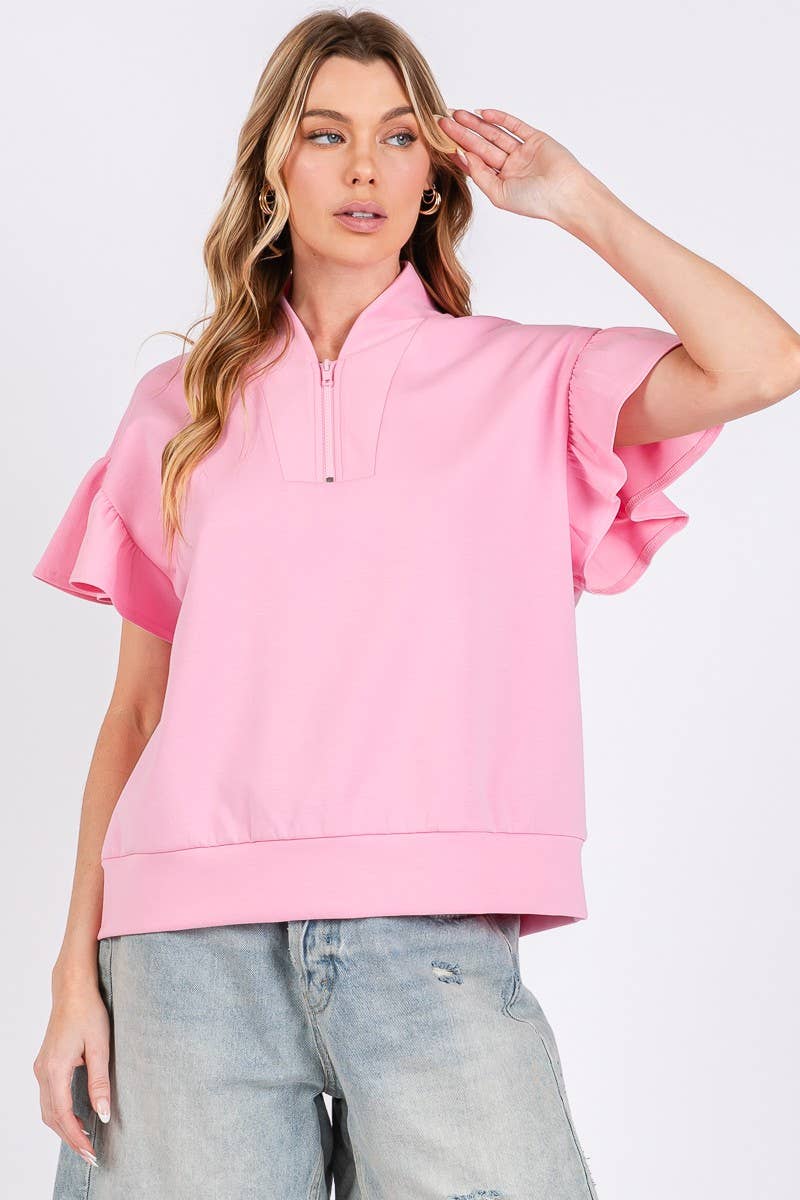 SCUBA HALF ZIP UP RUFFLE SLEEVE TOP