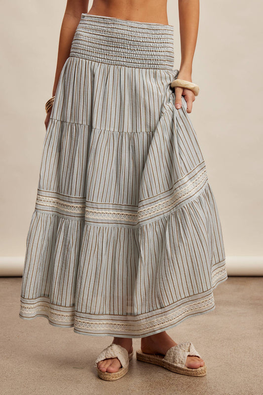Striped Smocked Maxi Skirt with Embroidery Accents