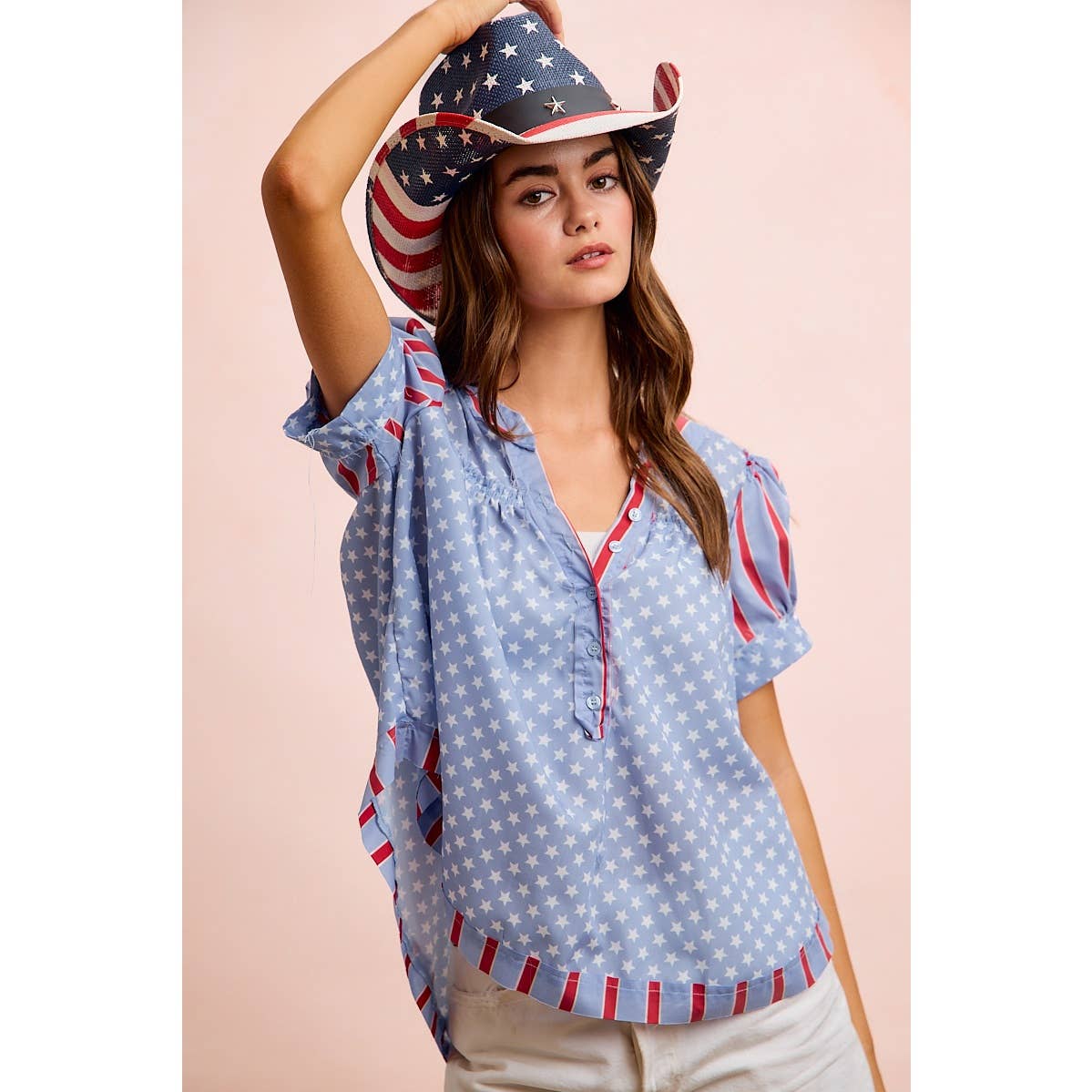 4TH OF JULY STRIPES AND STARS PUFF SLEEVES TOP