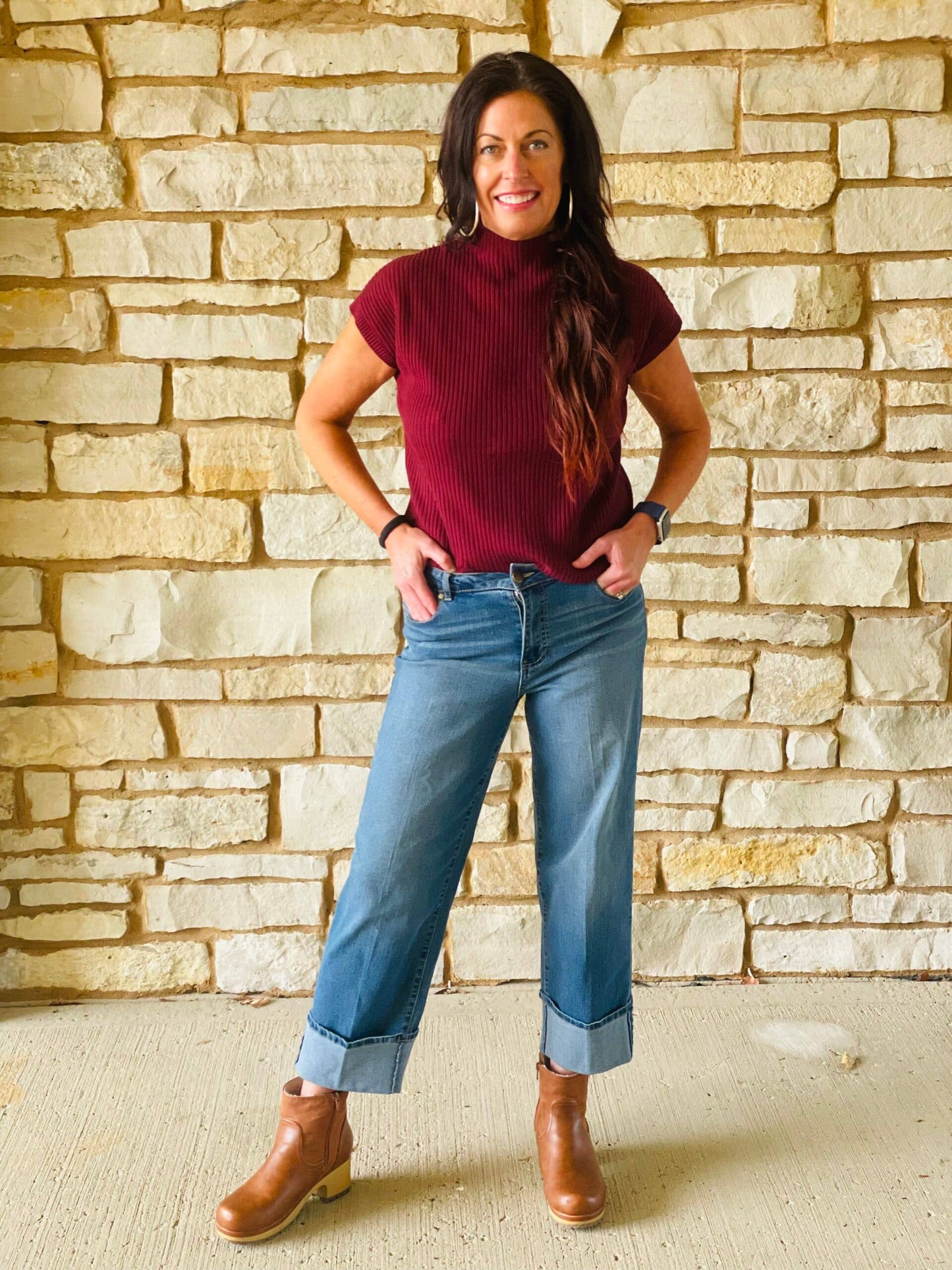 Burgundy Patch Pocket Ribbed Short Sleeve Sweater