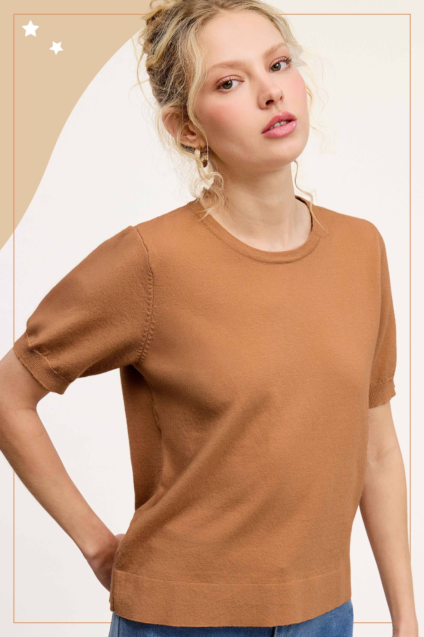 Soft Short Puffy Sleeve Basic Stretchy Knit Top