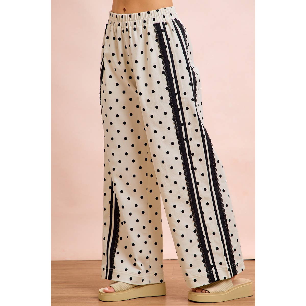 POLKA DOT PRINTED TWILL LACE TRIM DETAIL PANTS