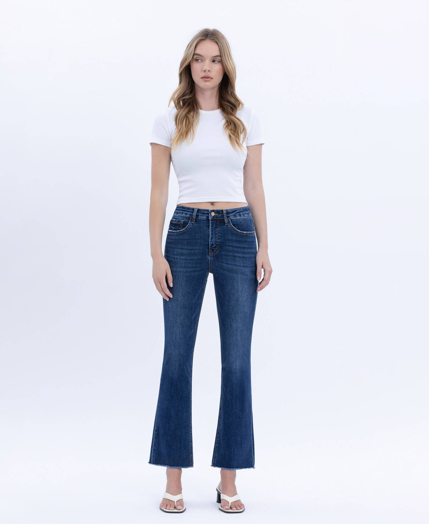 TUMMY CONTROL HIGH RISE RAW HEM KICK FLARE JEANS L