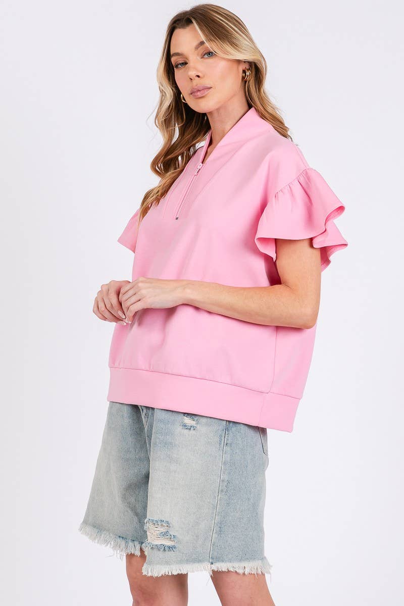 SCUBA HALF ZIP UP RUFFLE SLEEVE TOP
