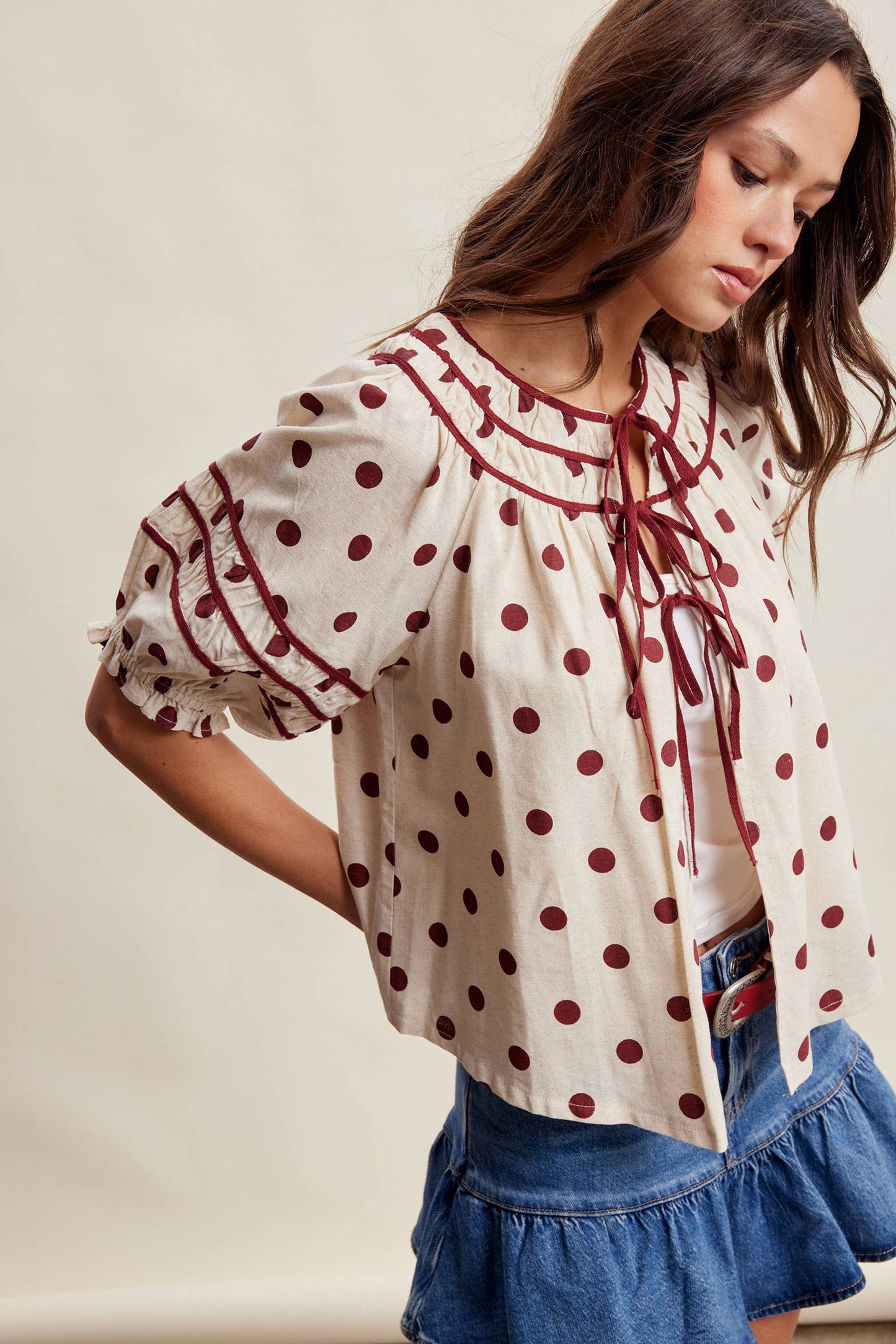 Polka Dot Ruffle Trim Blouse LT1456
