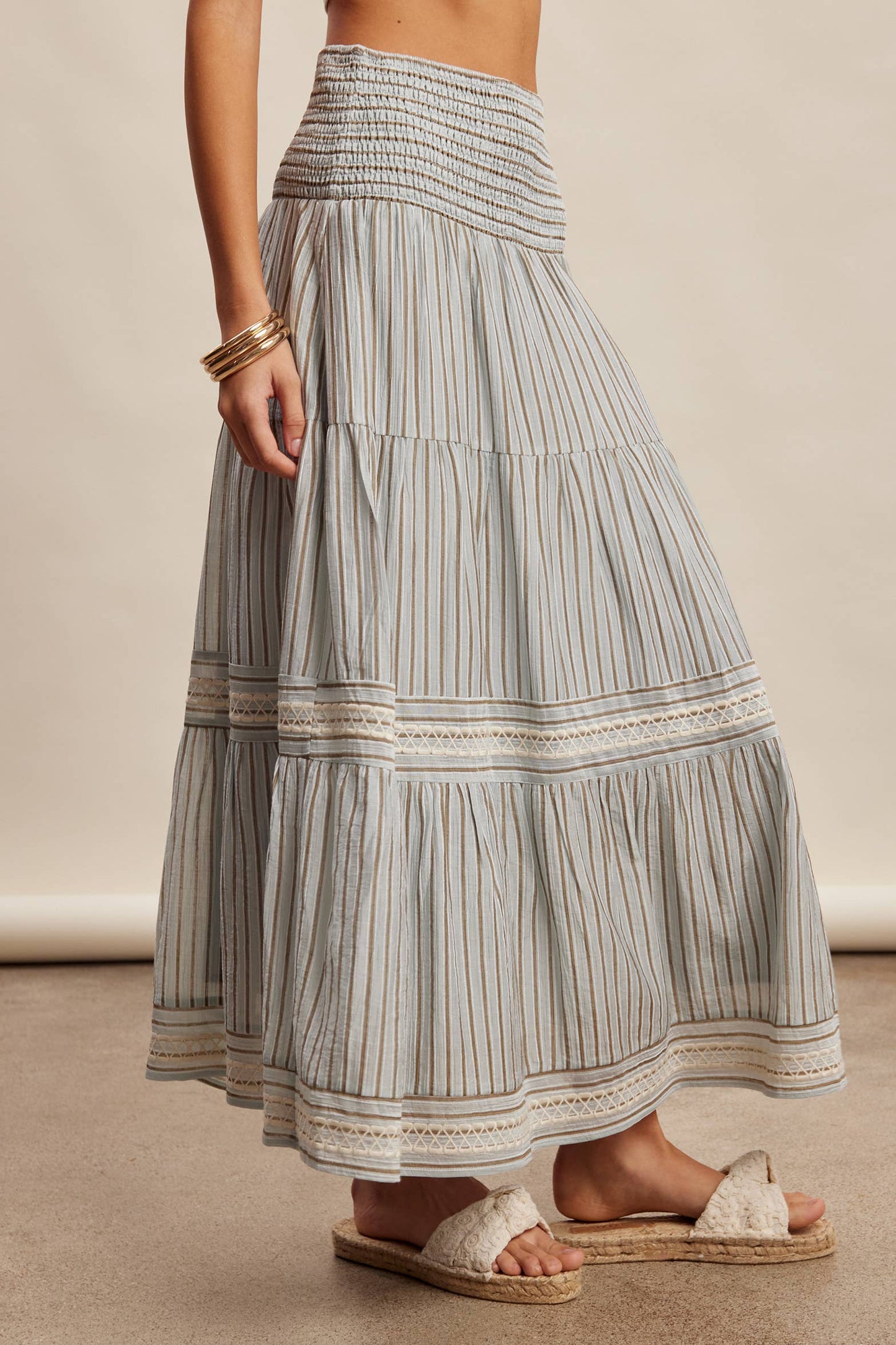 Striped Smocked Maxi Skirt with Embroidery Accents