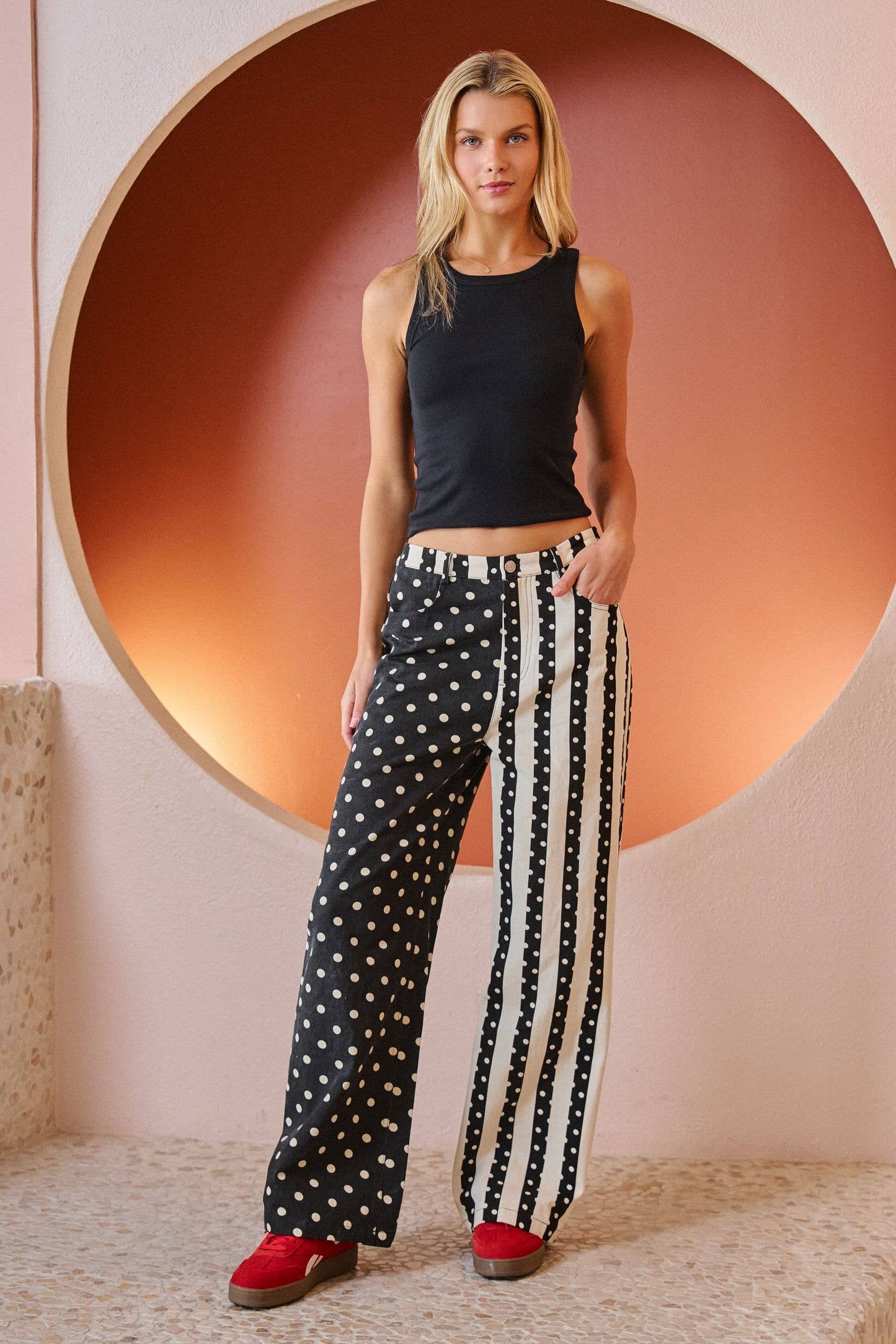 MIX DOT & STRIPE PANEL WIDE LEG PANTS