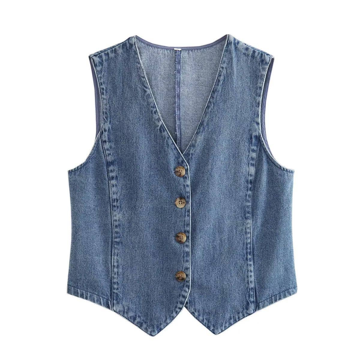 Sweetkama Denim Solid V-Neck Sleeveless Women Daily Vest