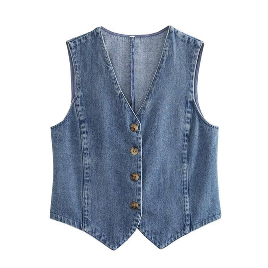 Sweetkama Denim Solid V-Neck Sleeveless Women Daily Vest