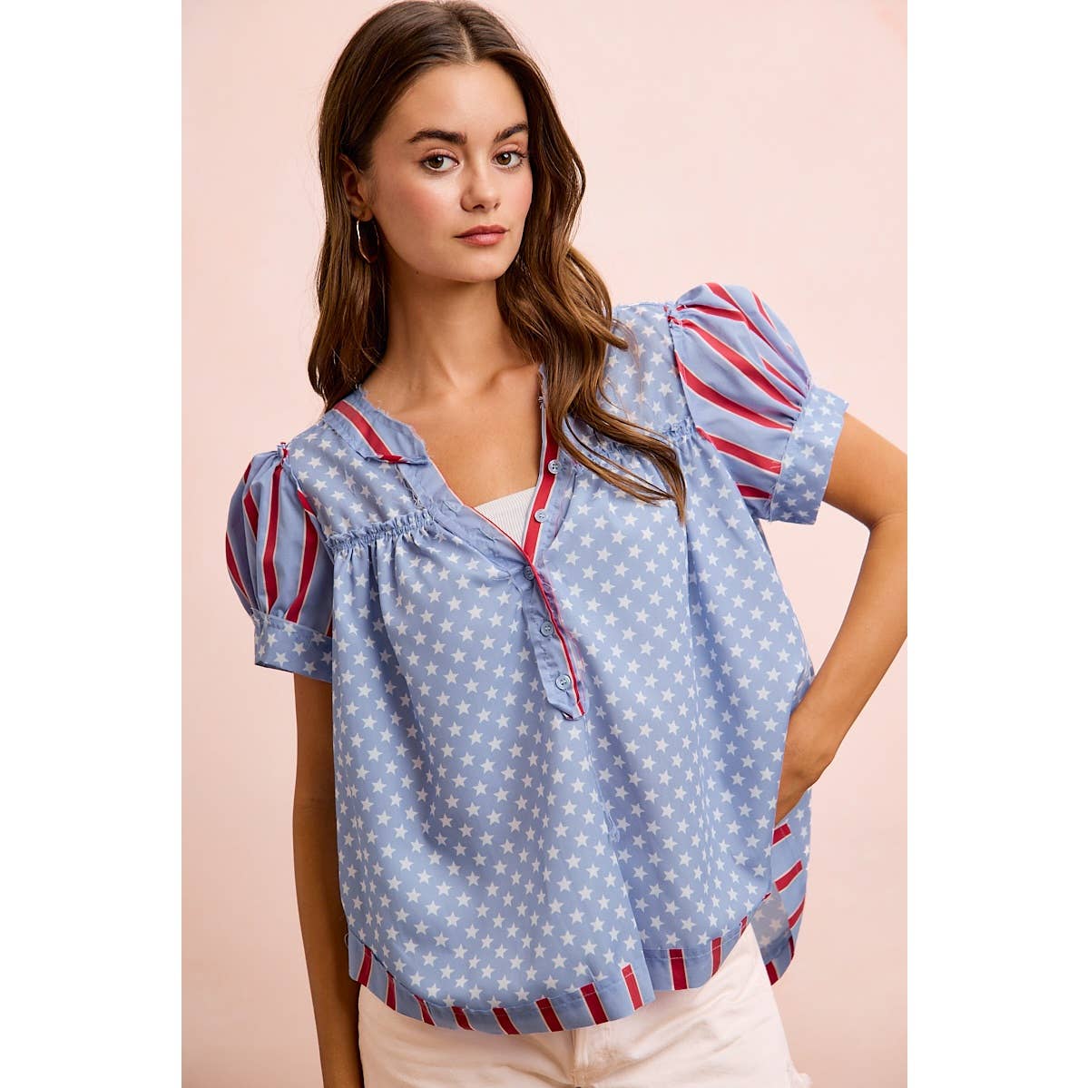 4TH OF JULY STRIPES AND STARS PUFF SLEEVES TOP