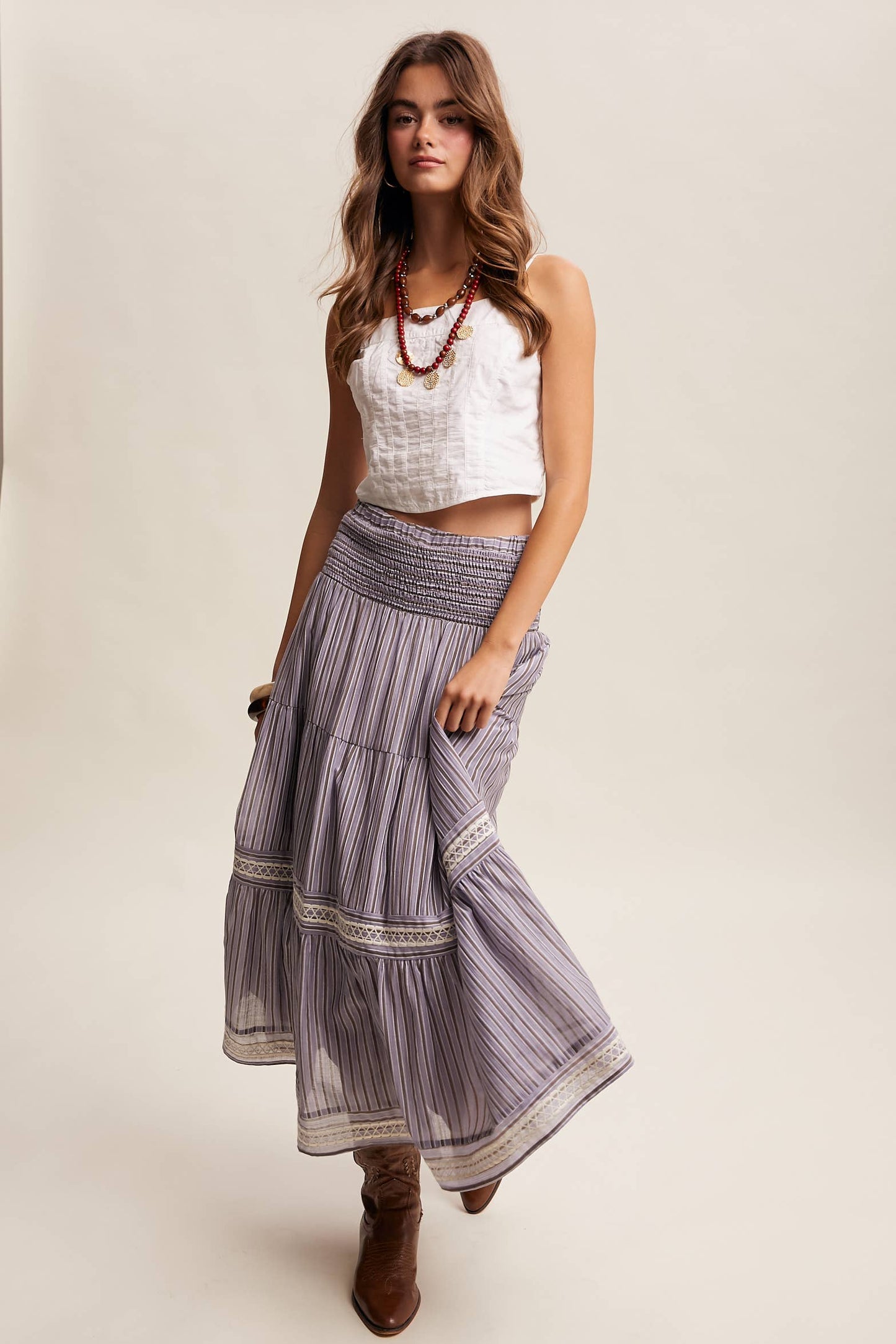 Striped Smocked Maxi Skirt with Embroidery Accents