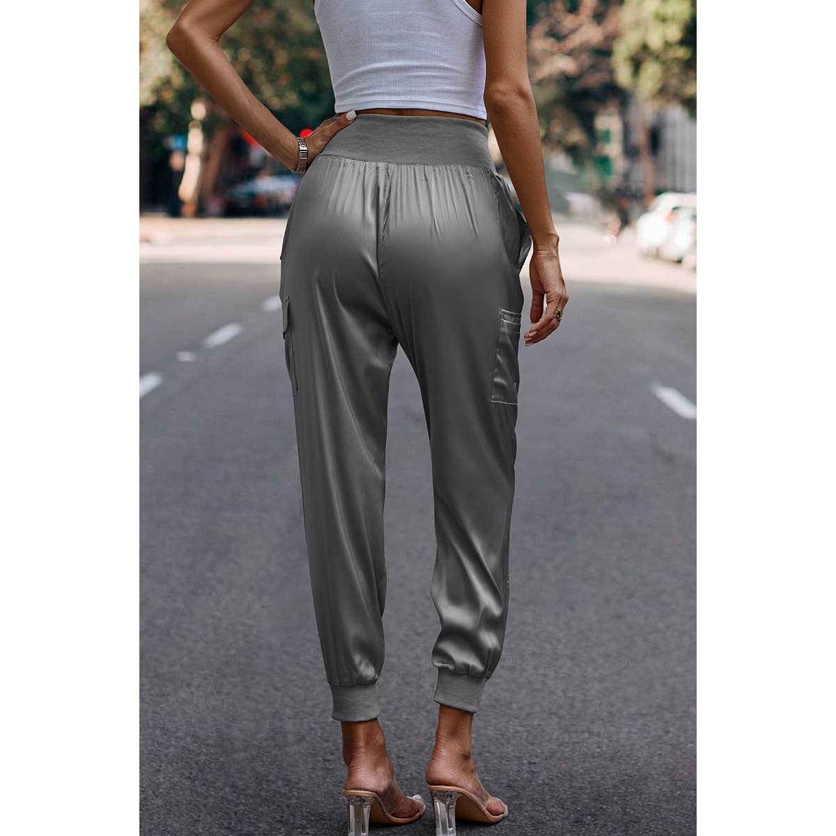 Elastic High Waist Sweatpants Sporty Pocket Pants