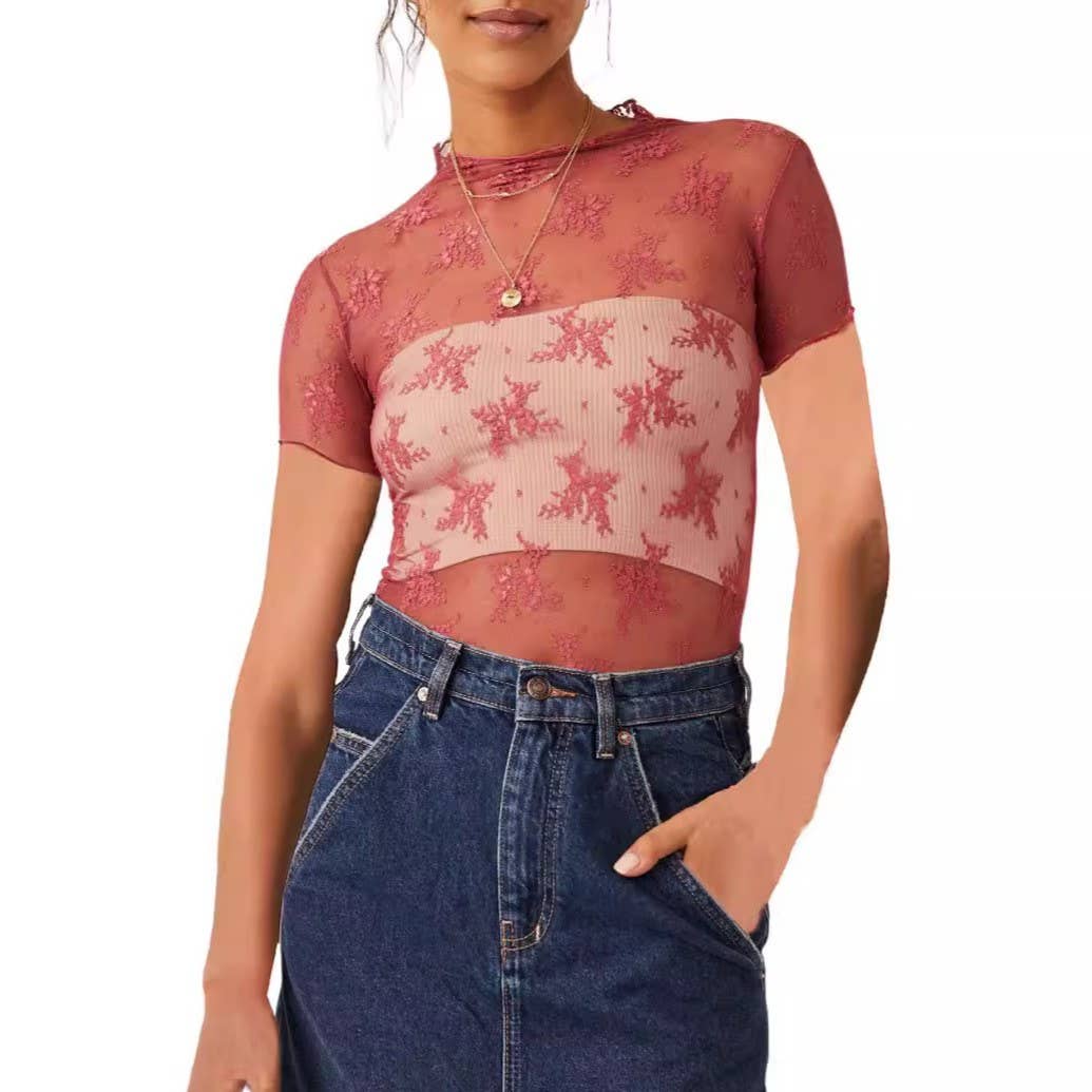 Sheer Mesh Lace Short Sleeve Top
