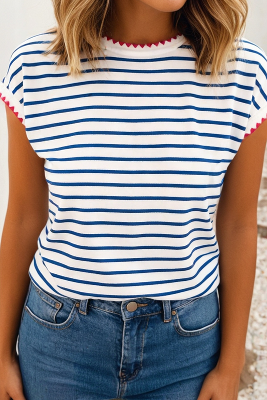 Stripe Contrast Trim Round Neck Cap Sleeve Tee