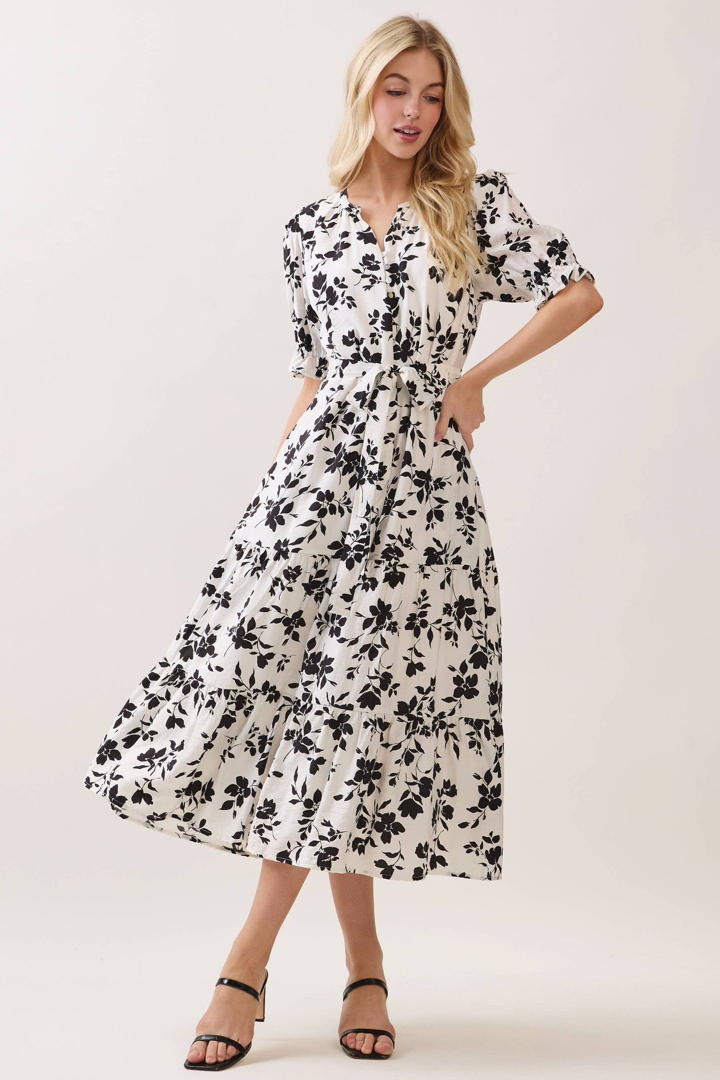 V NECK WAIST TIE TIERED MIDI DRESS -