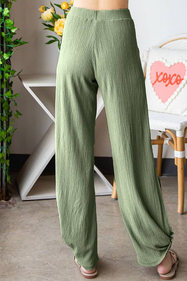 Lightweight Crinkle Ankle Tie Split Side Flowy Pants  P5047