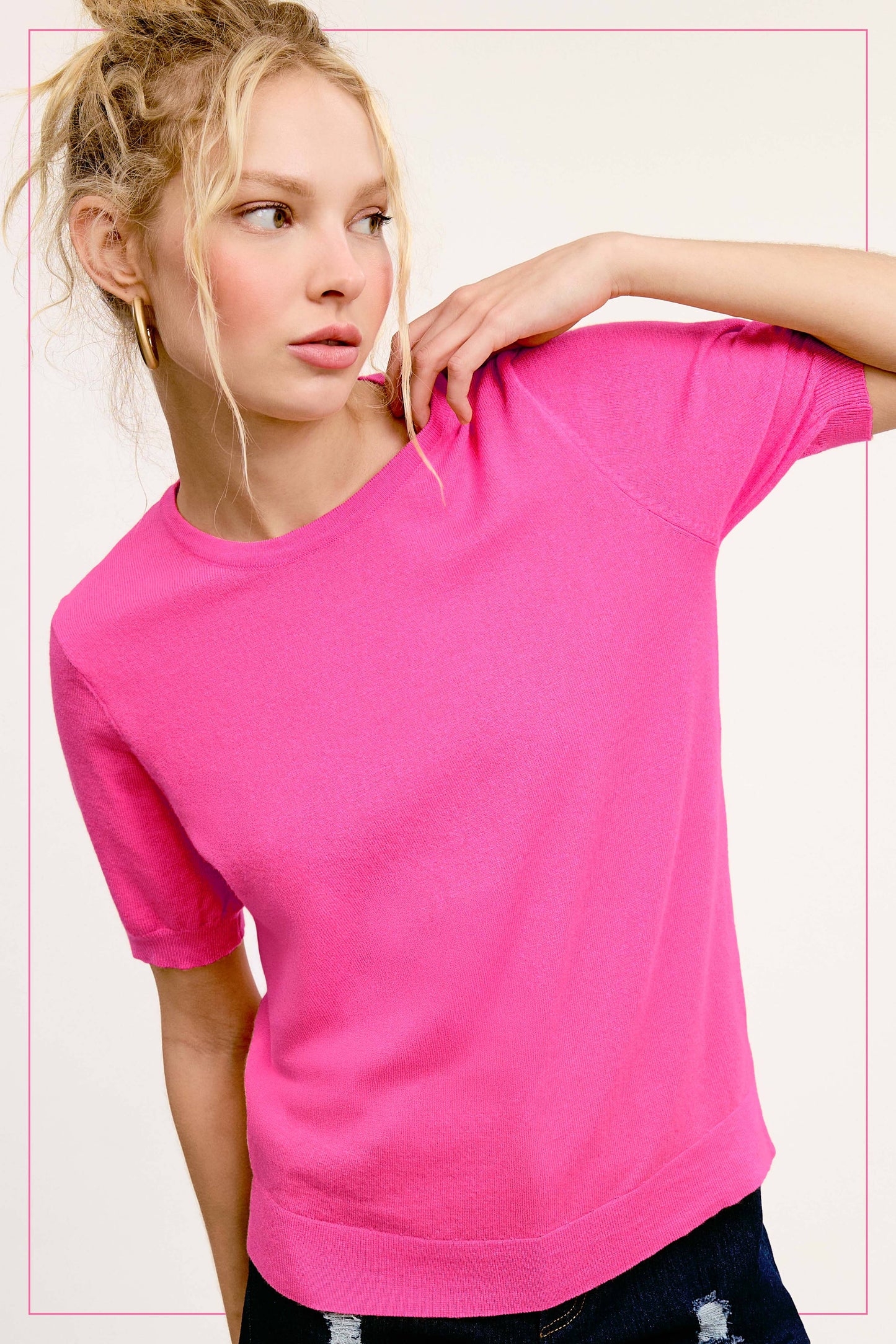 Soft Short Puffy Sleeve Basic Stretchy Knit Top