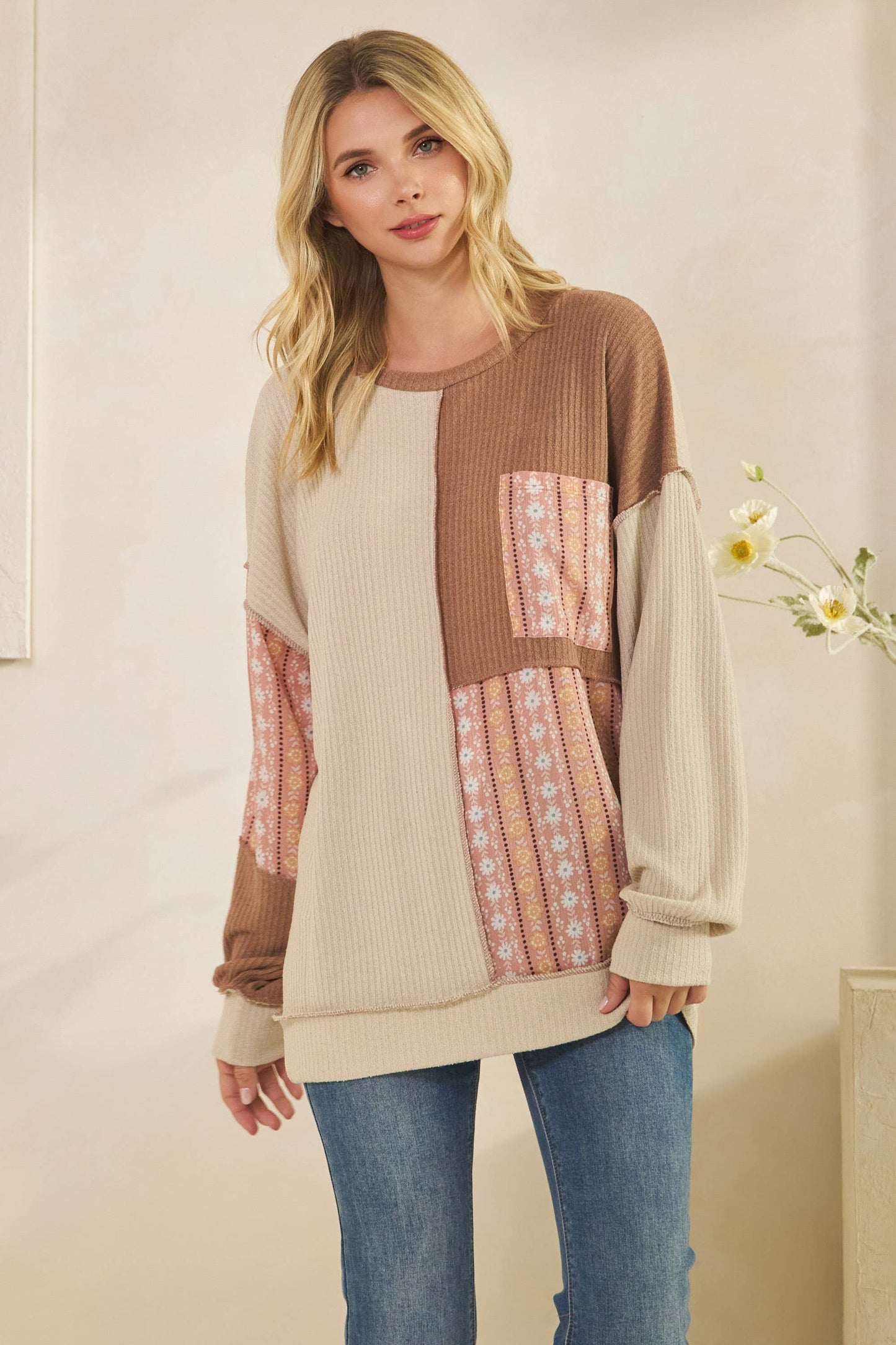 Color Block Floral Patchwork Pullover Top
