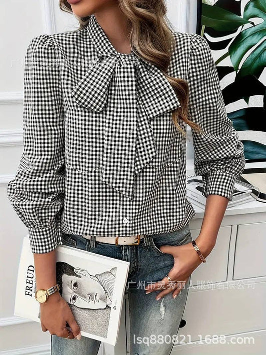 Women Long Sleeve Loose Fit Plaid Casual Blouse Shirt