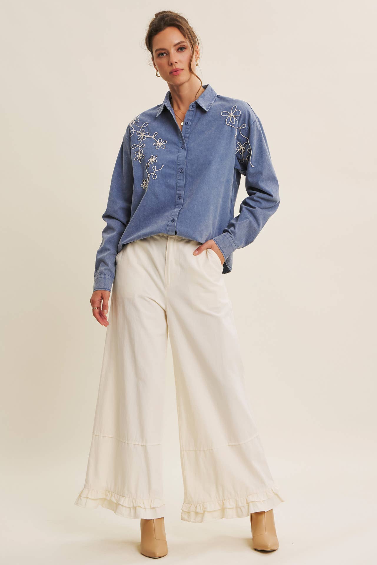 DREAMY STATEMENT COTTON WASHED WIDE-LEG PANTS WITH RUFFLES