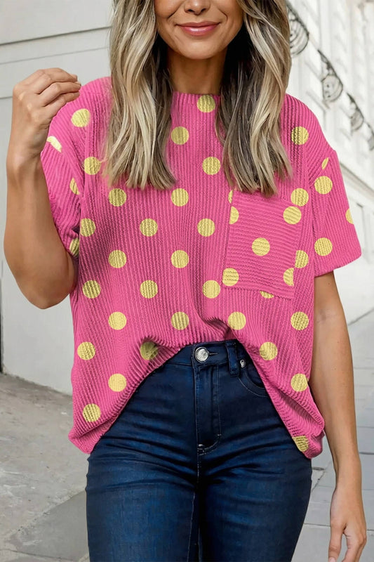 Rib Polka Dot Chest Pocket T Shirt