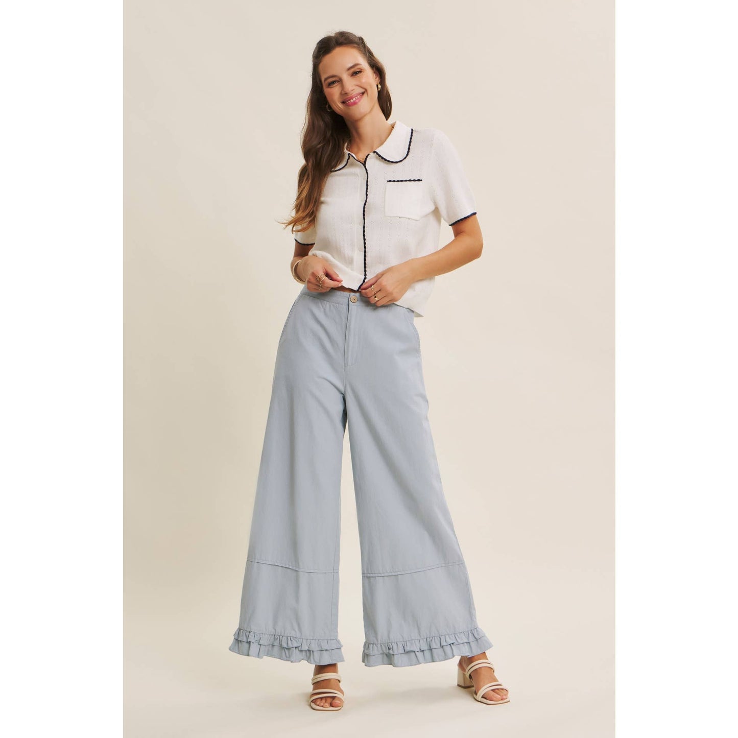 DREAMY STATEMENT COTTON WASHED WIDE-LEG PANTS WITH RUFFLES