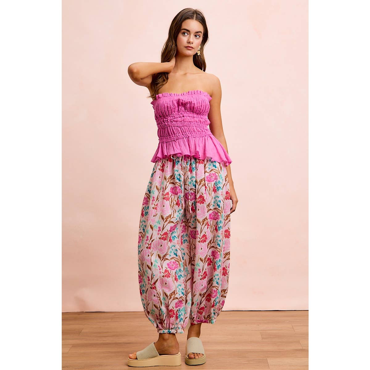 FLOWER PRINTED ELASTIC WAIST BALLOON PANTS