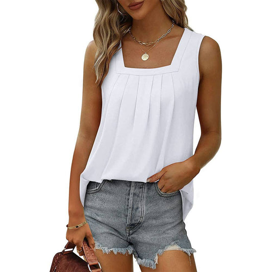 Pleated Square Neck Sleeveless High Low Casual Tank Top