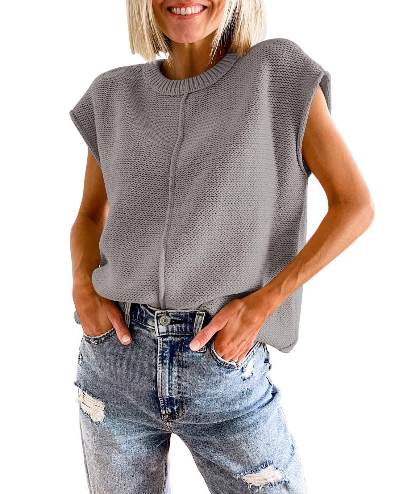 Knit Solid Color Sleeveless Round Neck Sweater Vest
