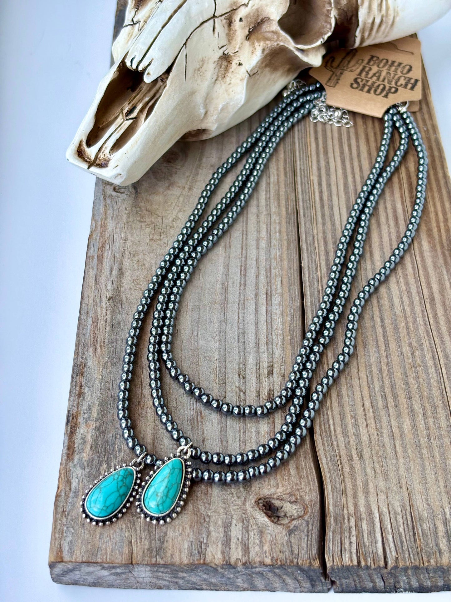 3 Layer Beaded Necklace w/ Teardrop Turquoise Stone Pendant