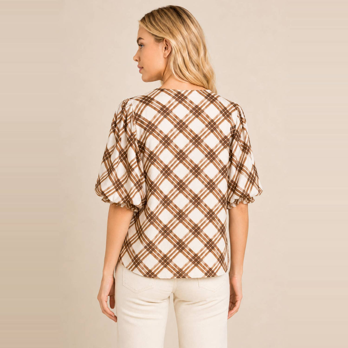 Light blue plaid puff sleeve top