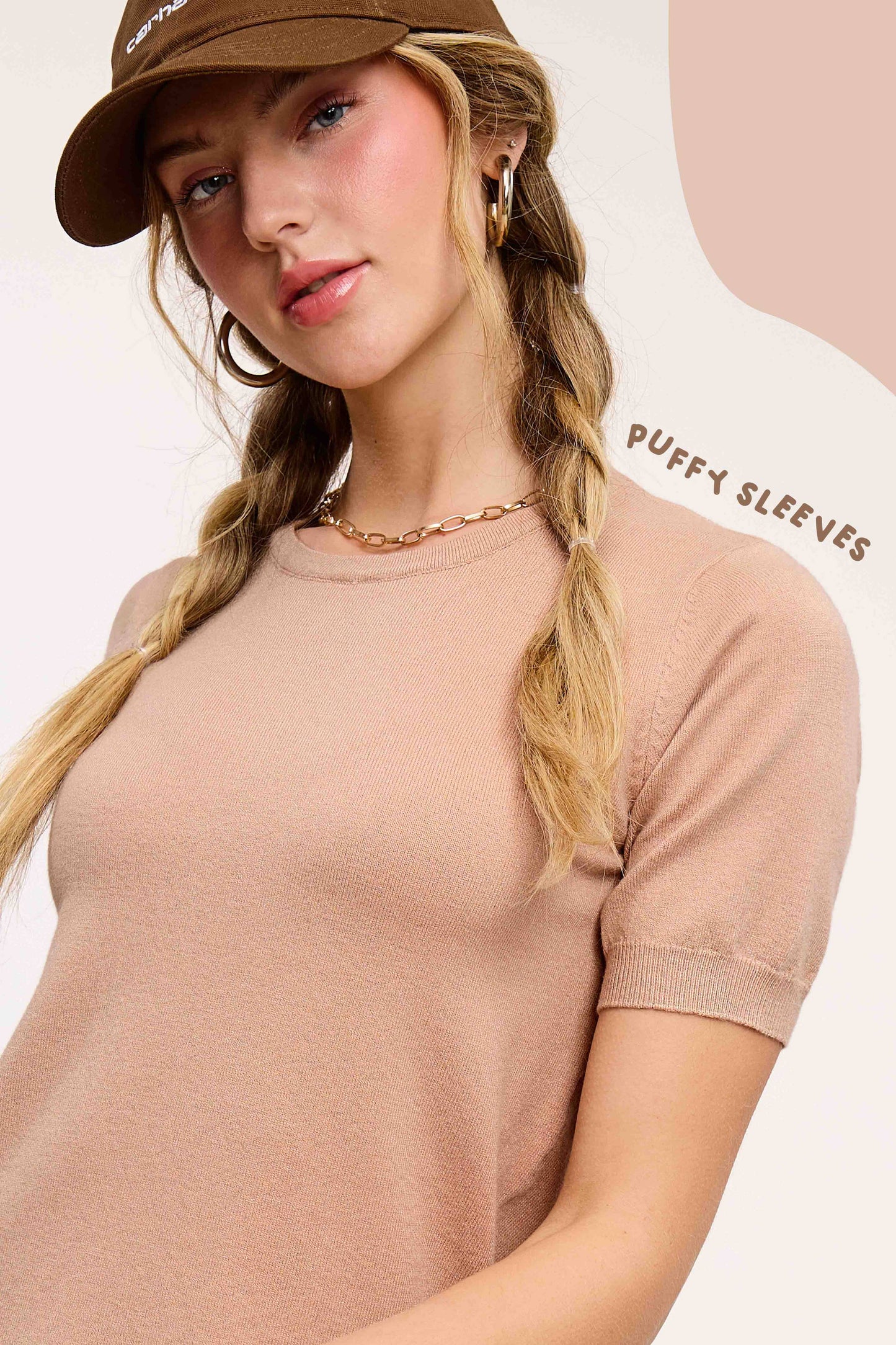 Soft Short Puffy Sleeve Basic Stretchy Knit Top
