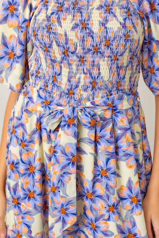 FLORAL PRINT SQUARE NECK SMOCKED BODICE JUMPSUIT