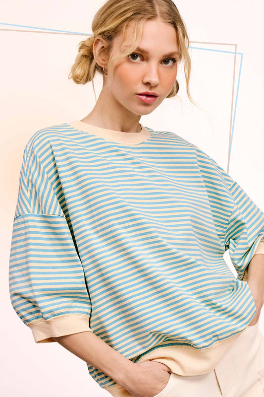 Loose Fit Striped Short Sleeve Crew Neckline Top