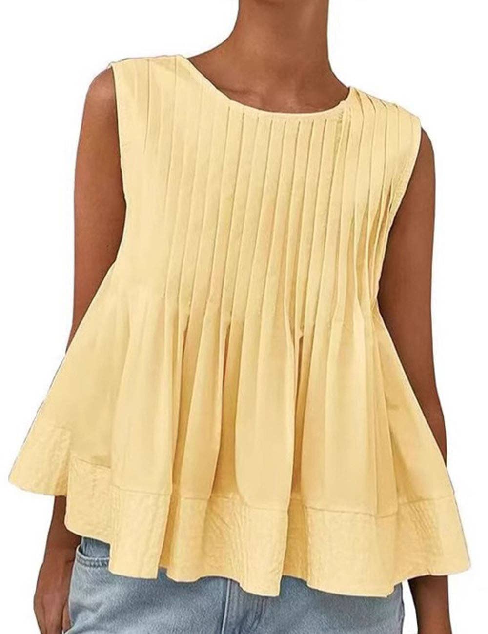 Ladies Solid Color Pleated Sleeveless Tank Top