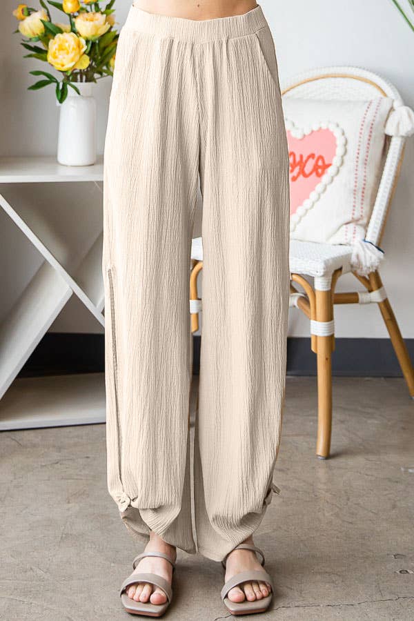 Lightweight Crinkle Ankle Tie Split Side Flowy Pants  P5047
