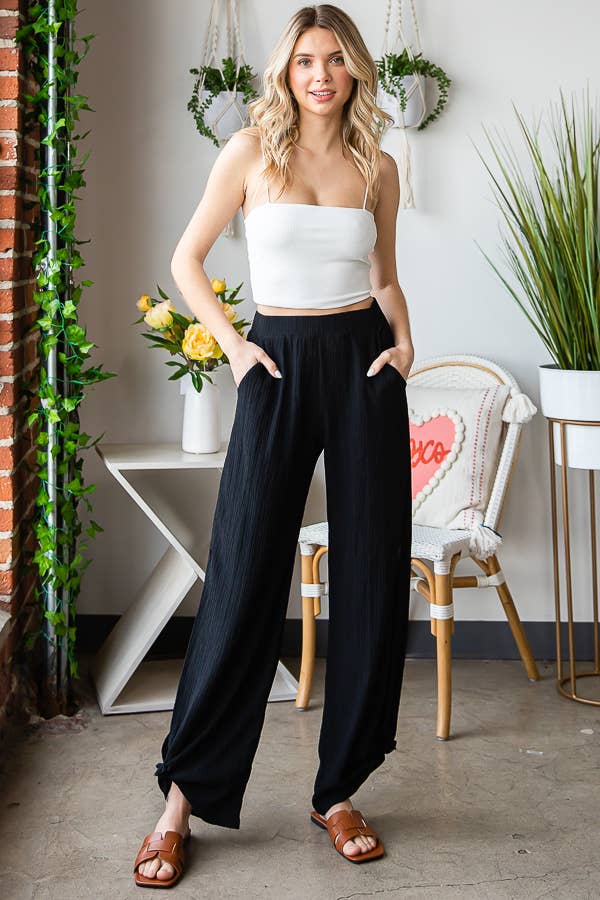 Lightweight Crinkle Ankle Tie Split Side Flowy Pants  P5047