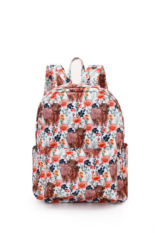 Girl Highland Cow Flower Printed Backpack