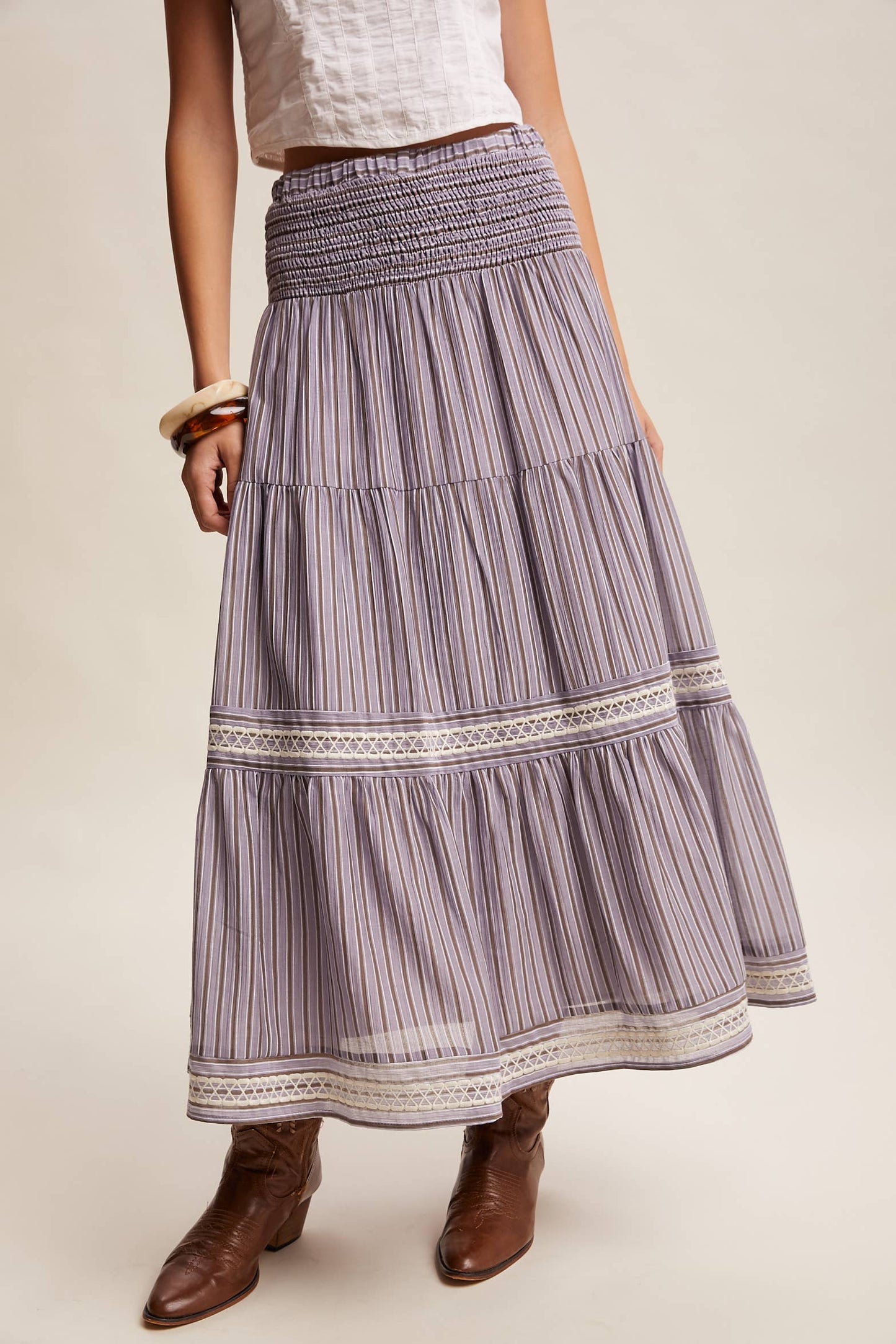 Striped Smocked Maxi Skirt with Embroidery Accents