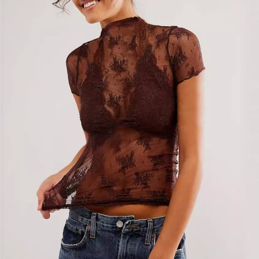 Sheer Mesh Lace Short Sleeve Top