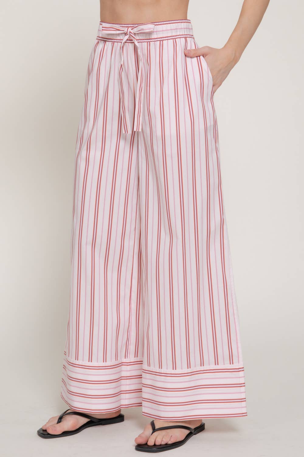 Elastic Waist Multi Stripe Poplin Straight Long Pants
