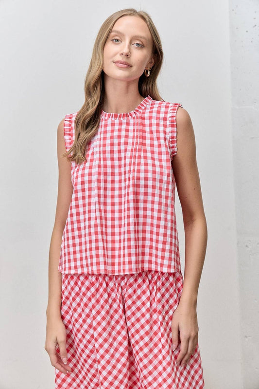 GINGHAM PRINT PINTUCK DETAIL TOP