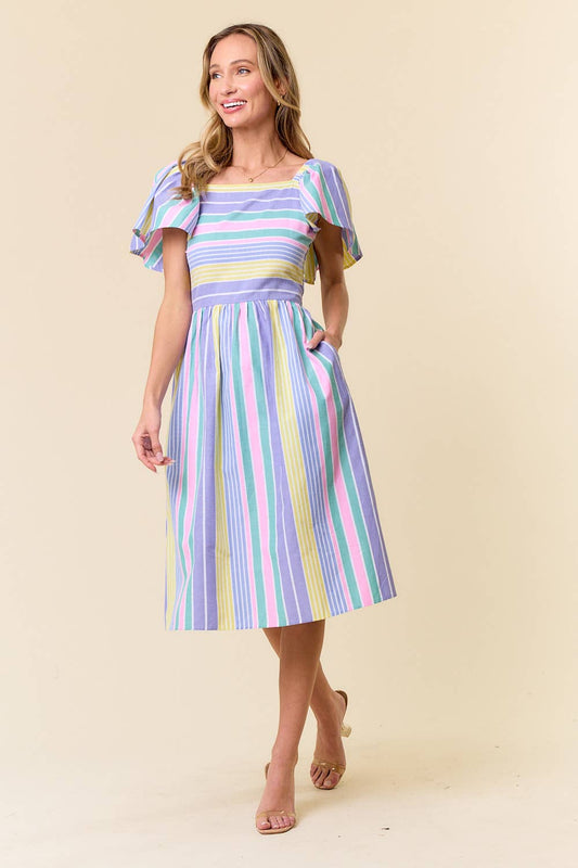 Rainbows Multi Stripe Wide Ruffle Sleeve Dress