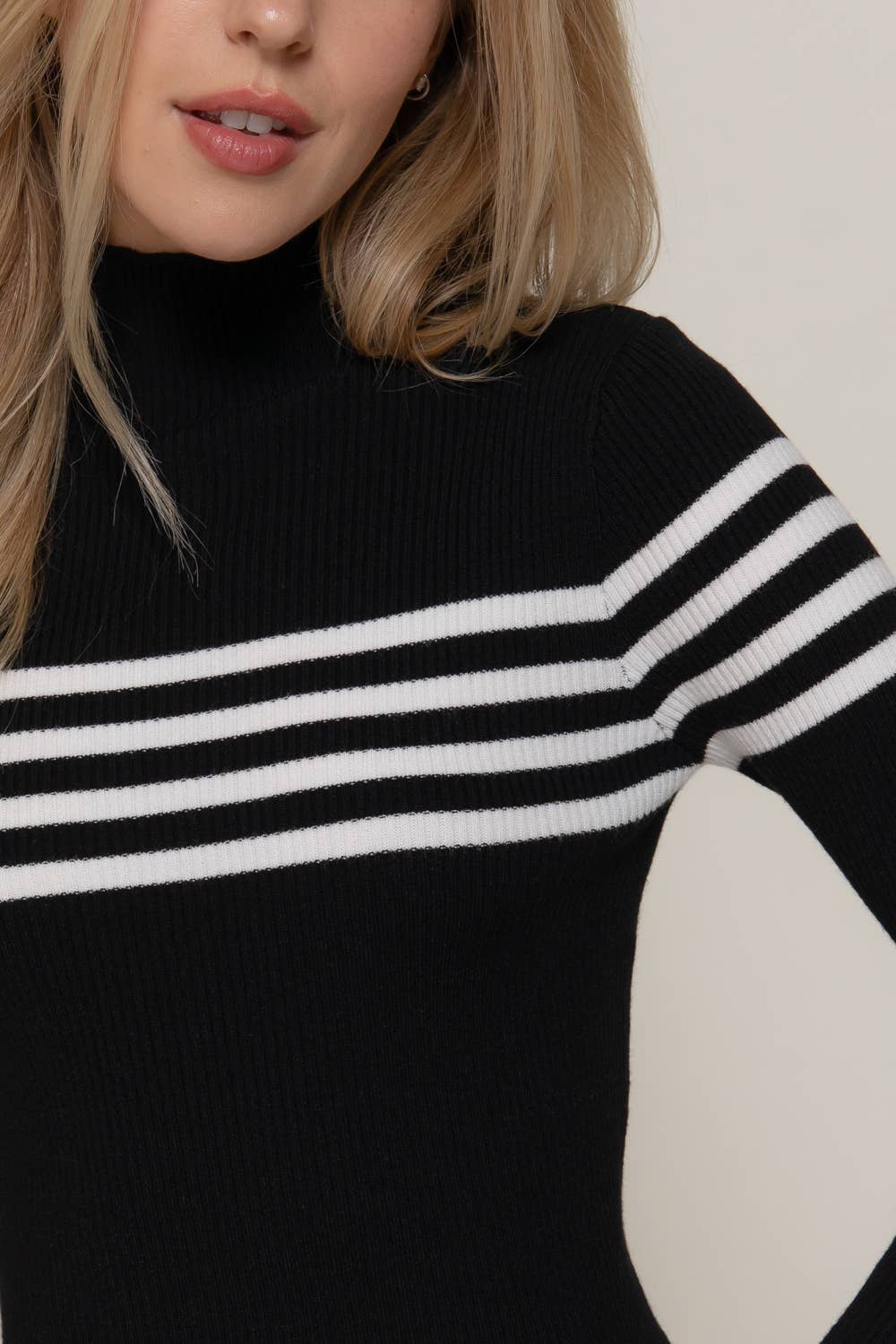 Long Sleeve High Neck Stripe Sweater Top