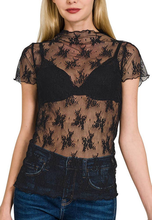 Lace See-through Layering Short Sleeve Top